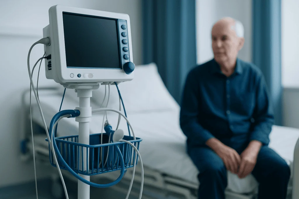 Hospital patient monitoring equipment in a medical room.