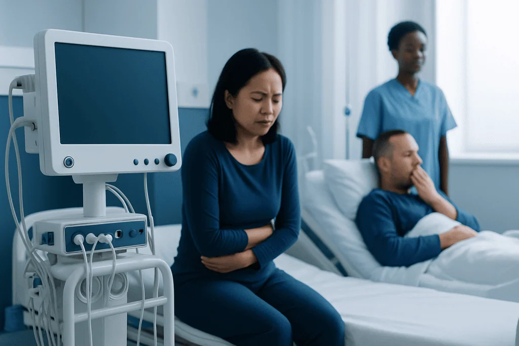 Patient experiencing abdominal pain in hospital bed with medical staff nearby.