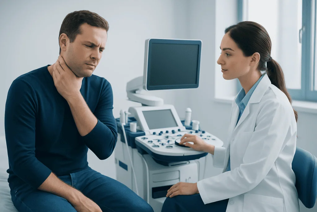 Doctor examines patient with neck pain in a clinical setting.