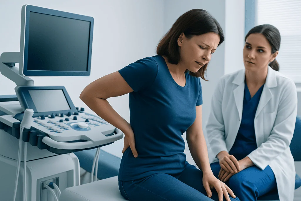 Woman experiencing lower back pain during medical consultation at hospital.