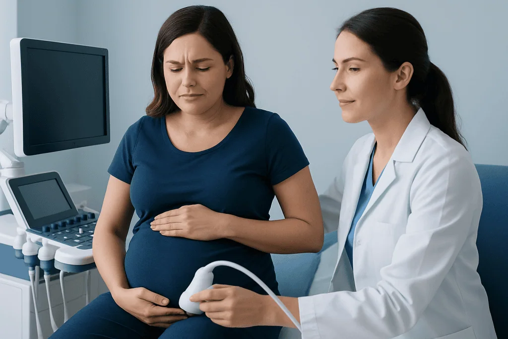 Pregnant woman experiencing stomach pain during a medical ultrasound consultation.