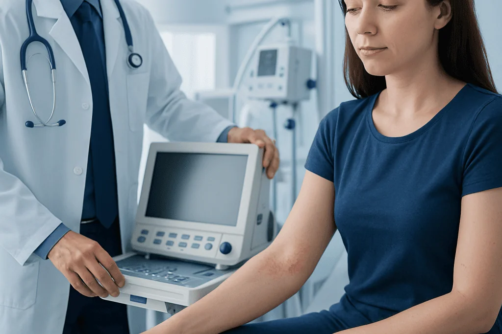 Doctor examining patient's arm in a medical clinic setting.