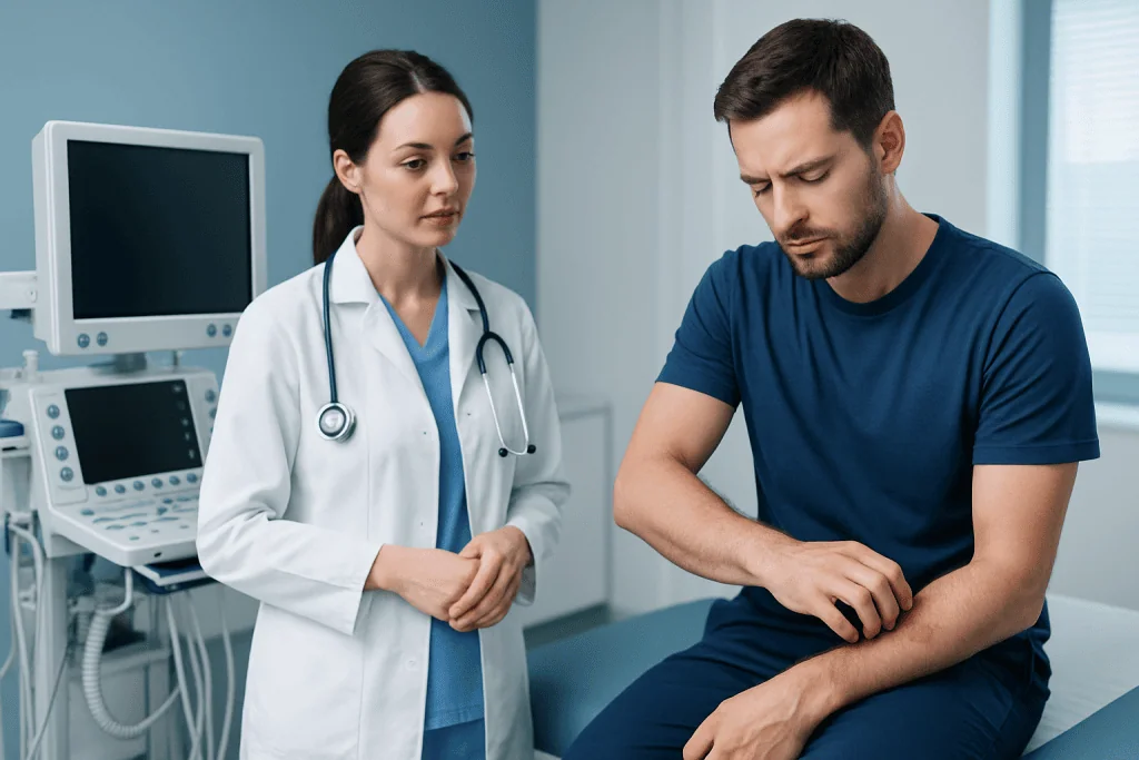 Doctor consulting a patient with mosquito bites in a medical clinic.
