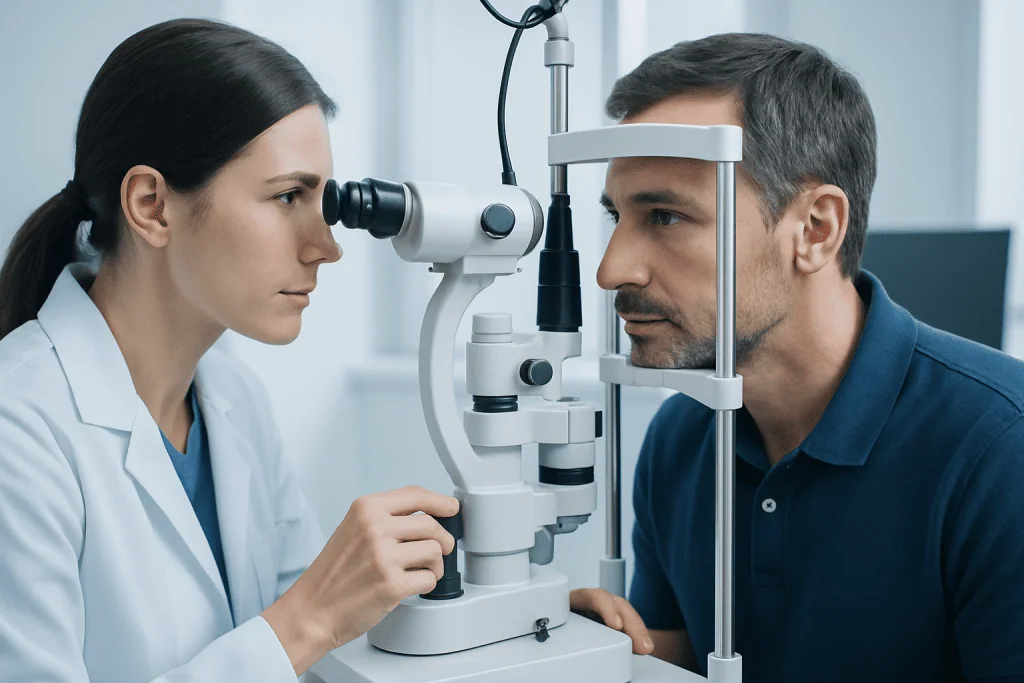 Ophthalmologist examining patient's eye with slit lamp in clinic.