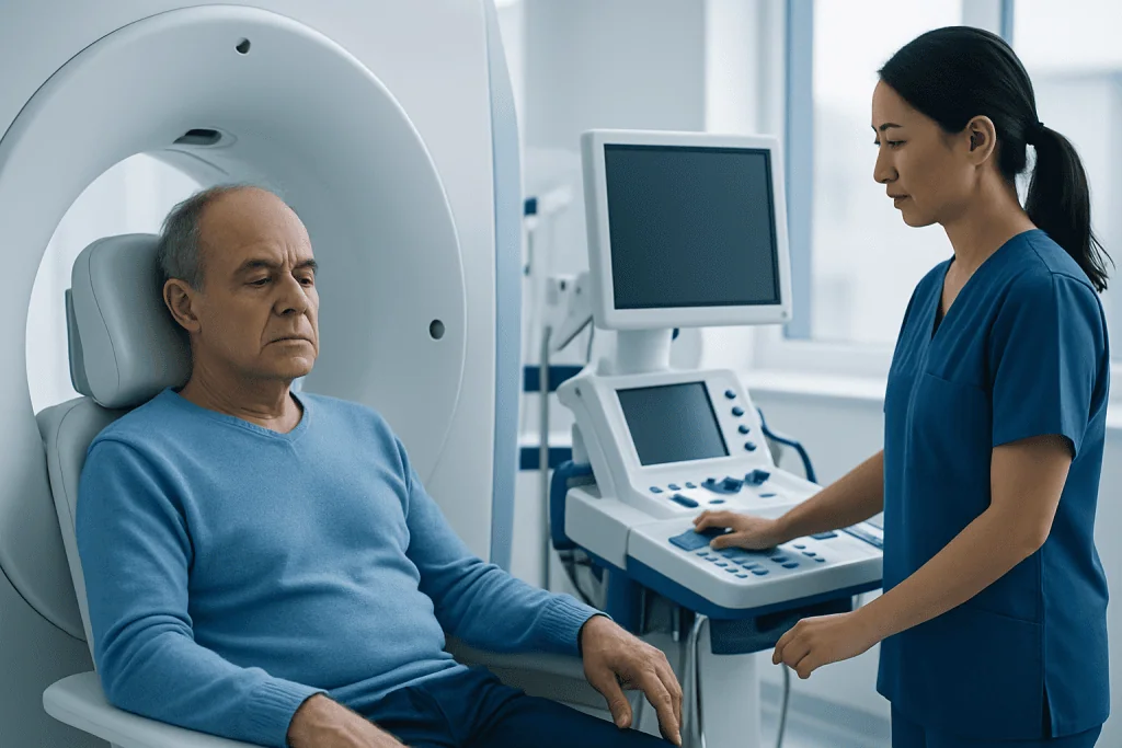 Patient undergoing brain scan at Acibadem Hospital for neurological assessment.
