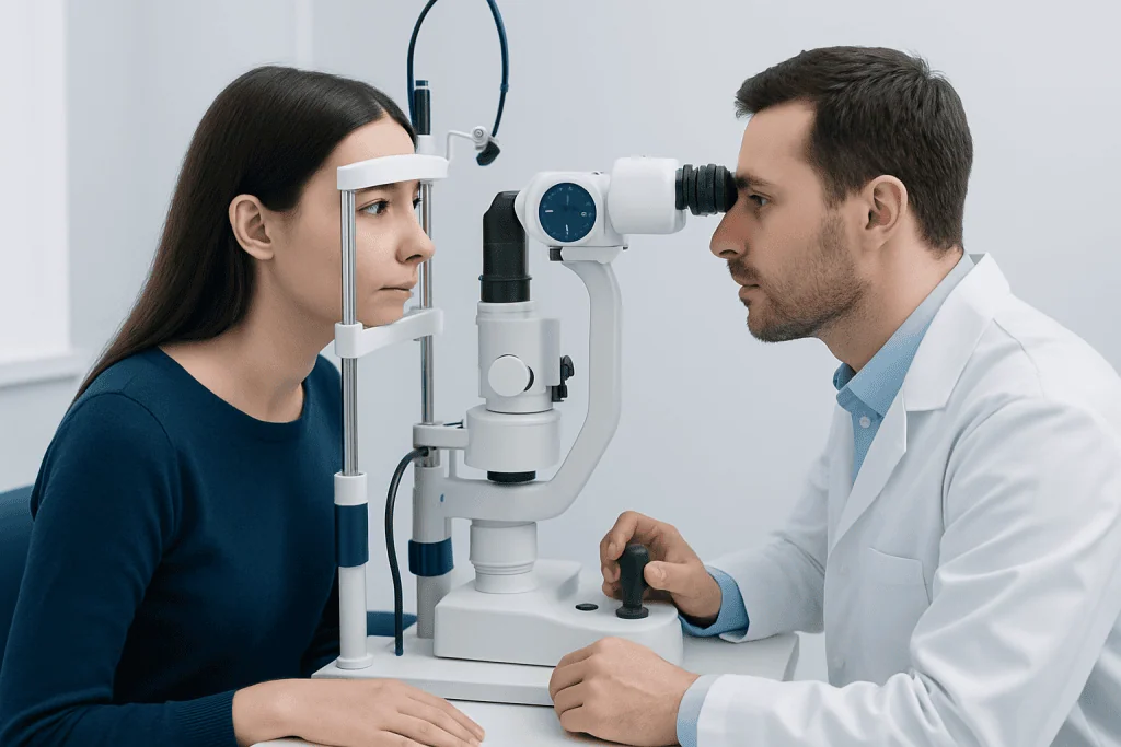 Ophthalmologist examining patient with slit lamp in clinic.
