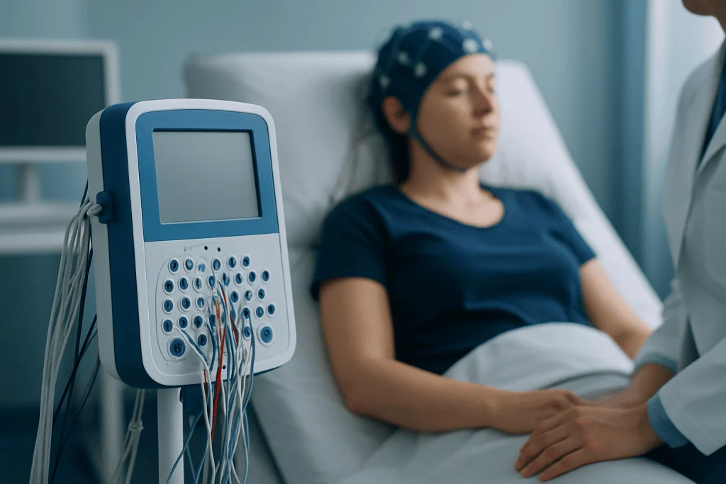 Patient undergoing sleep study with medical monitoring equipment at Acibadem Hospitals.
