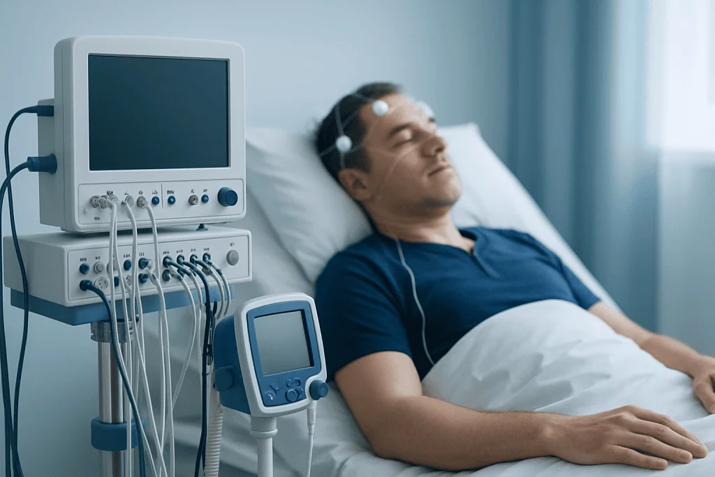 Patient undergoing sleep study in a hospital room at Acibadem Hospitals Group.