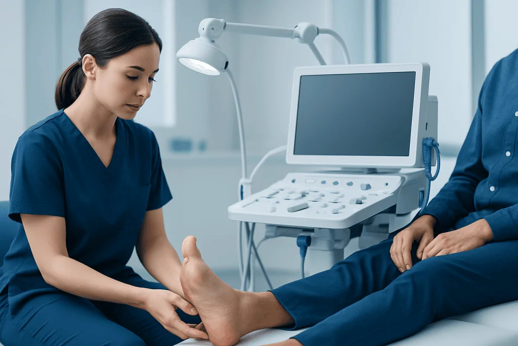 Medical professional examining patient's foot in a clinical setting.