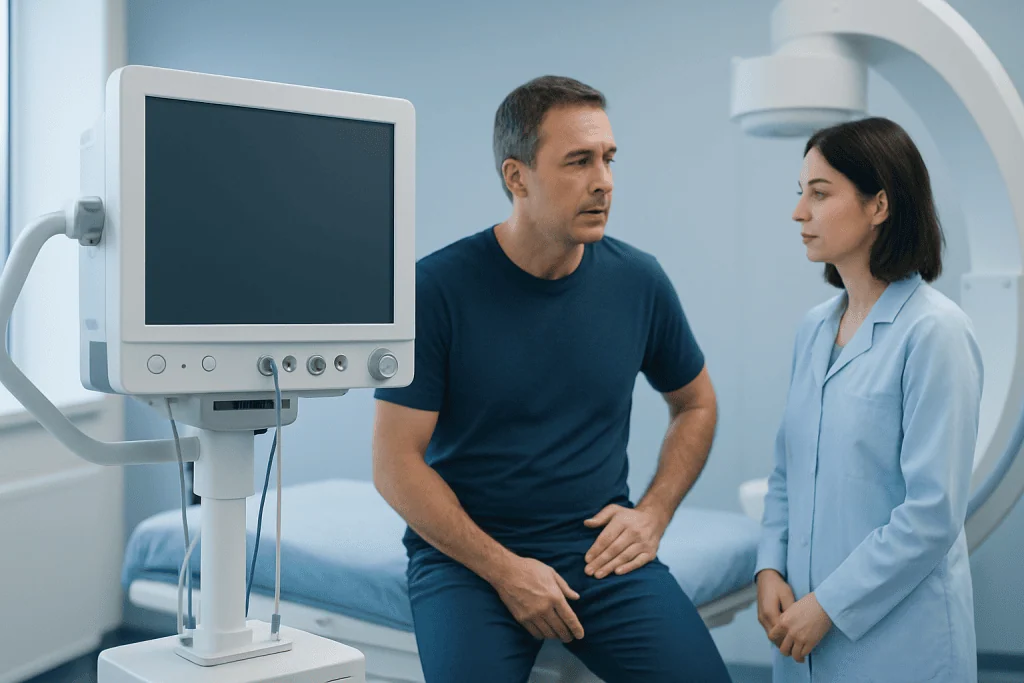 Patient consulting doctor in hospital room with medical equipment.