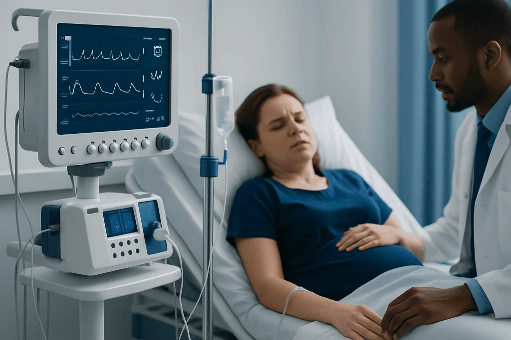 Patient in hospital bed with medical monitor and doctor attending.