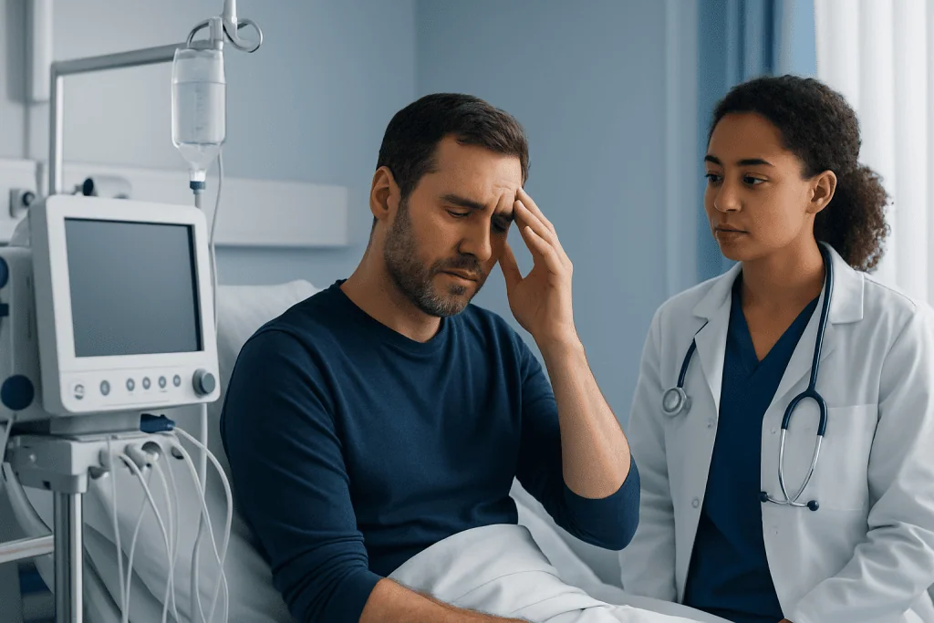 Patient experiencing headache in hospital bed with doctor nearby.