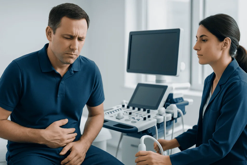 Patient experiencing abdominal pain during a medical consultation at Acibadem Hospital.