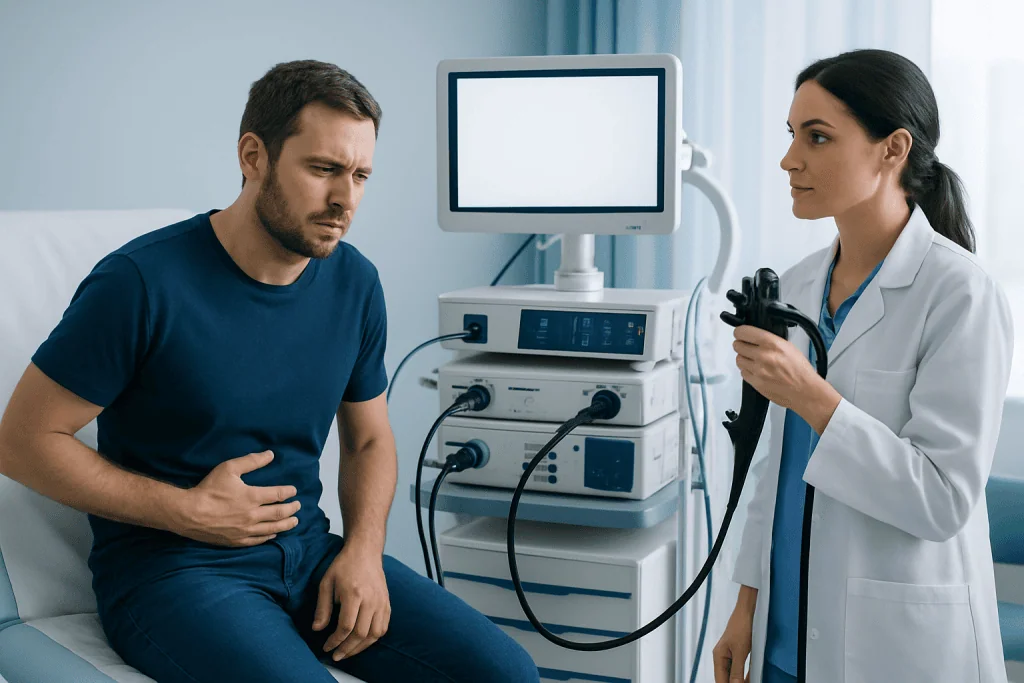 Doctor explaining colonoscopy procedure to patient in hospital room.