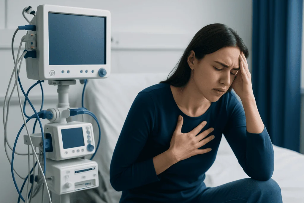 Woman experiencing chest pain and discomfort in a hospital room.