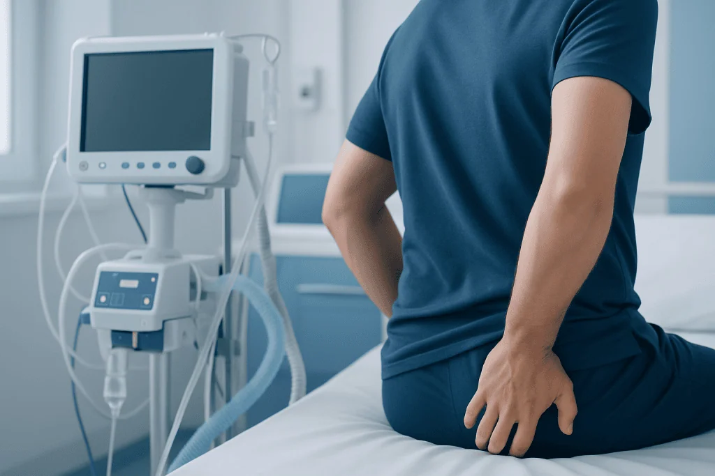Patient experiencing discomfort in the perianal area in a hospital setting.