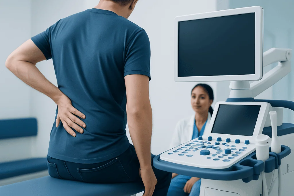 Patient undergoing back pain examination with ultrasound at hospital.