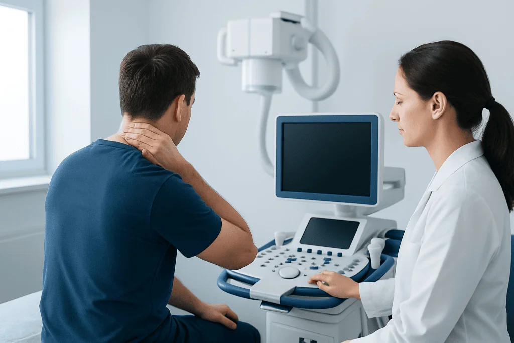 Doctor performing neck examination on patient in medical office.