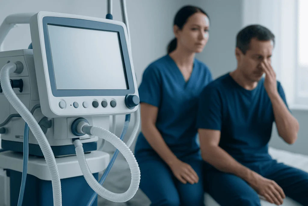 Hospital patients and medical ventilator in a clinical setting.