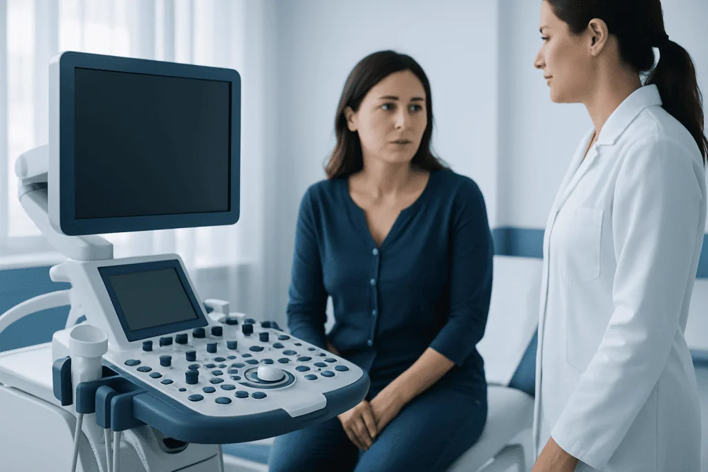 Doctor consulting with a woman patient in a medical examination room.