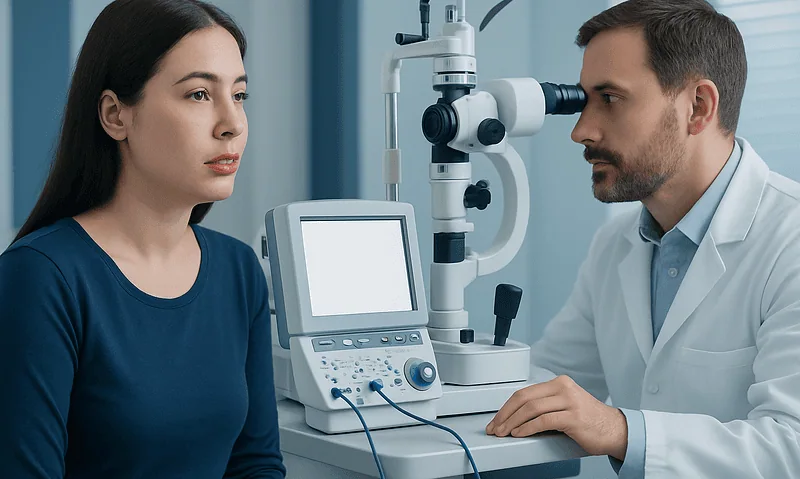 Ophthalmologist examining a patient with specialized equipment in a clinic.