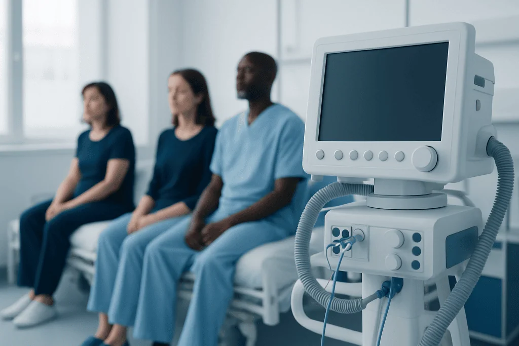 Medical team waiting in a hospital corridor with a ventilator in the foreground.