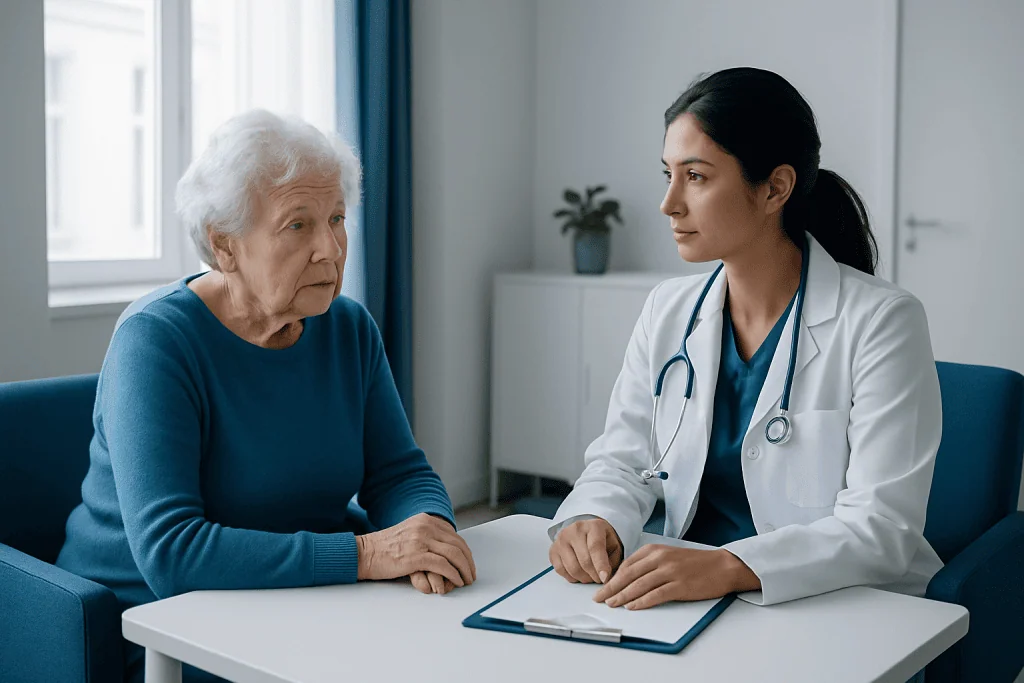 Doctor consulting with elderly woman in a medical office setting.