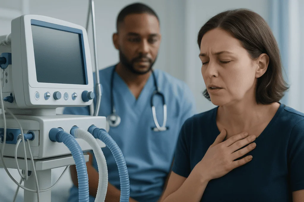 Patient experiencing chest discomfort during medical examination at Acibadem Hospital.