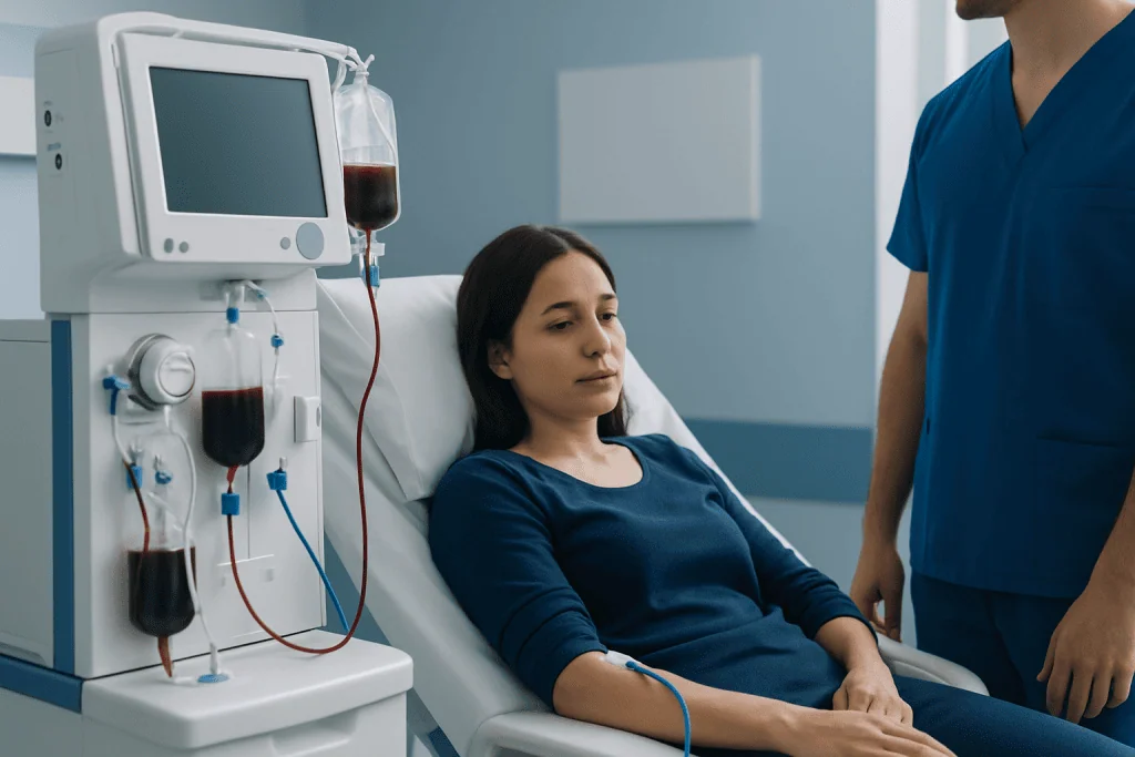 Patient receiving blood transfusion in hospital setting.