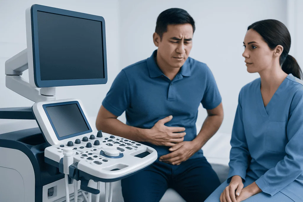 Patient experiencing stomach pain during ultrasound examination at Acibadem Hospital.