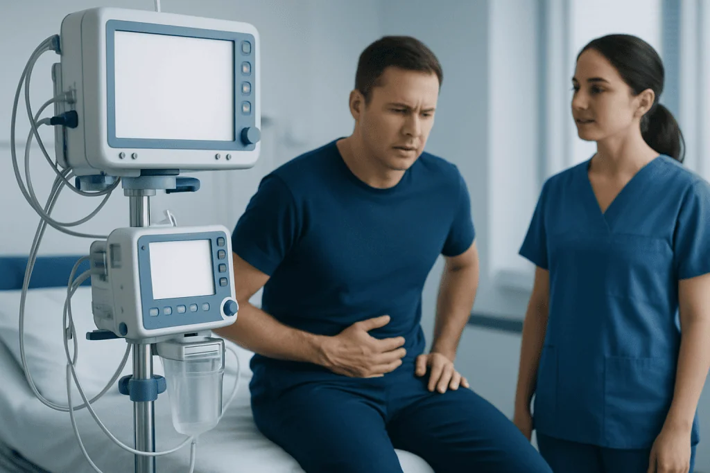 Patient experiencing abdominal pain during medical examination at hospital.