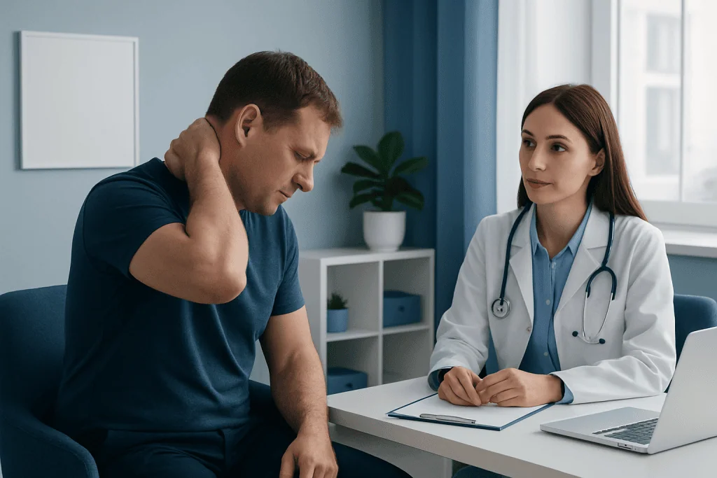 Doctor consulting with patient about neck pain in a medical office.