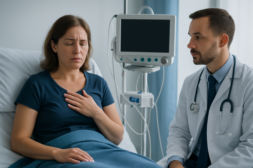 Patient experiencing symptoms of altitude sickness in hospital bed with doctor nearby.