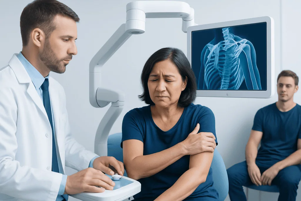 Doctor examines shoulder pain in a patient with X-ray image in background.