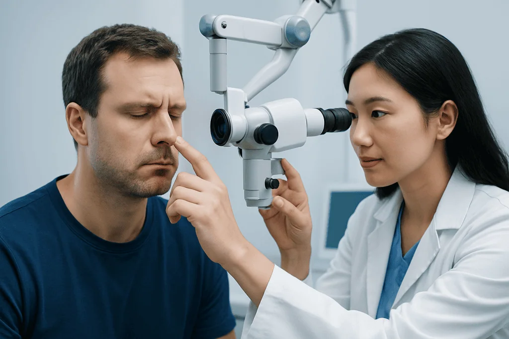 ENT specialist examining patient's nose with a microscope at Acibadem Hospital.