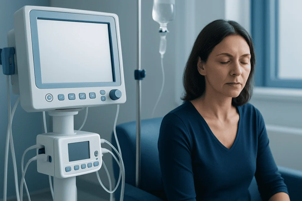 Woman in hospital room with medical monitor and IV drip.