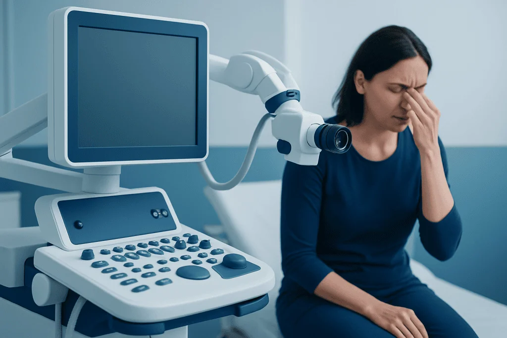 Woman experiencing sinus pain during medical examination at hospital.