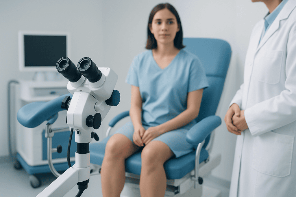 Medical consultation with a female patient and doctor in a clinical setting.
