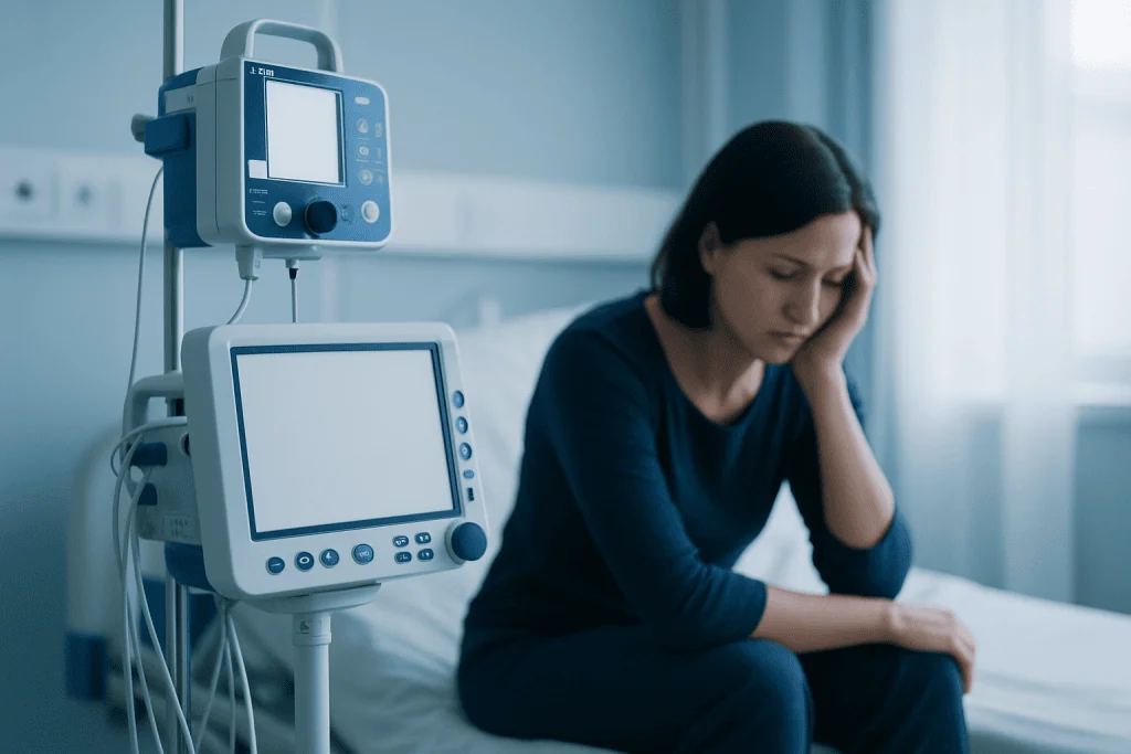 Young woman in hospital feeling distressed during a medical episode.