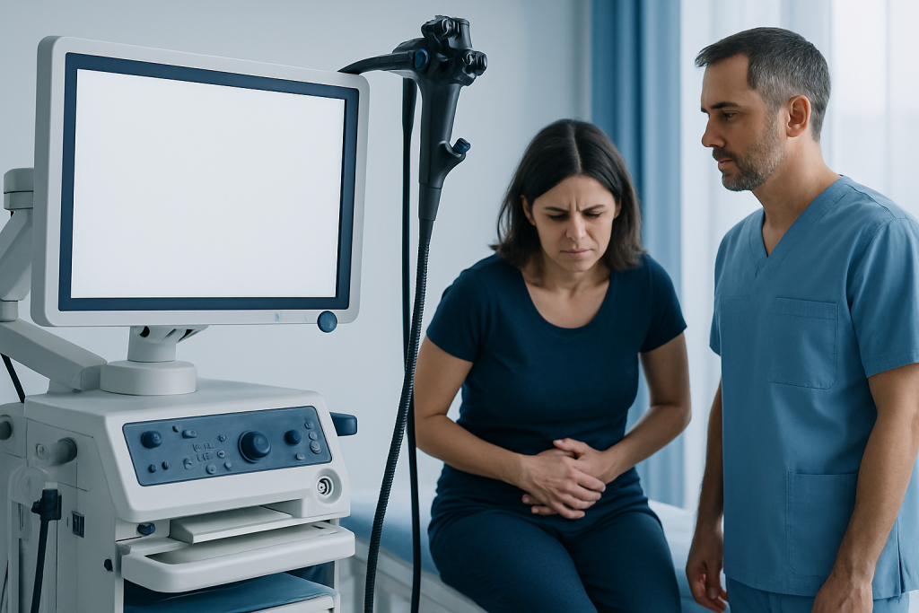 Doctor and patient discussing symptoms in a medical examination room.