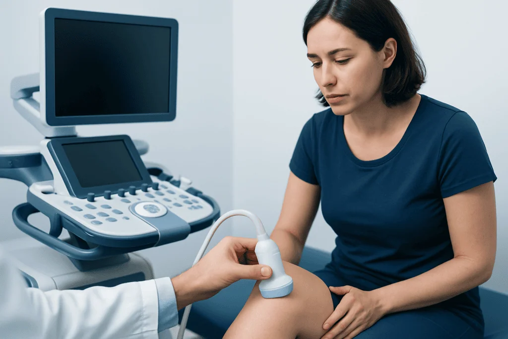 Medical professional performing an ultrasound on a patient's knee in a clinical setting.