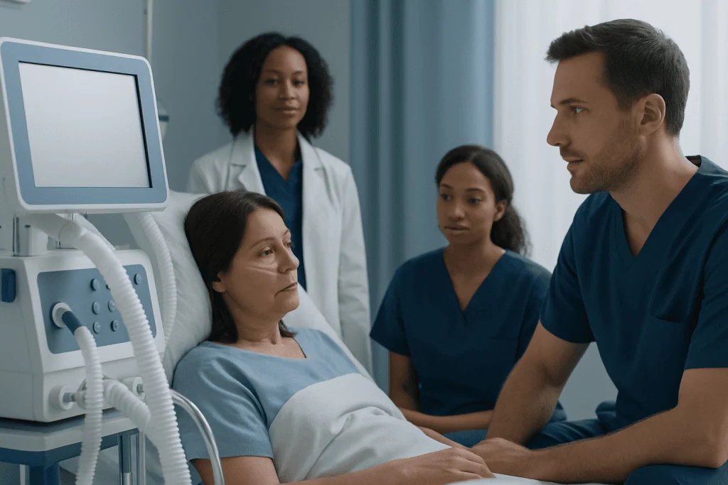 Doctor consulting patient in hospital room with medical staff present.