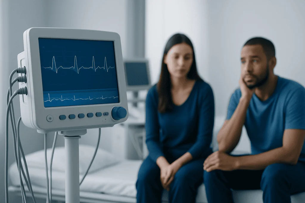 Patient and doctor discussing heart monitor readings in a hospital room.