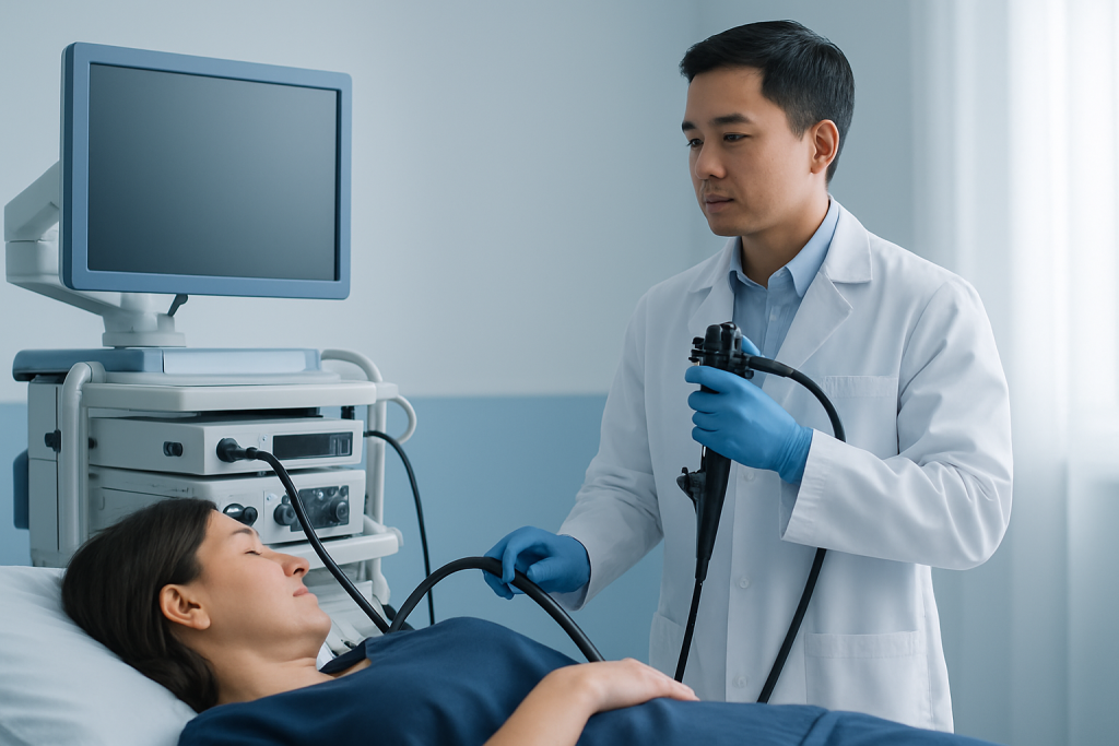 Doctor performing an endoscopy on a patient in a hospital room.