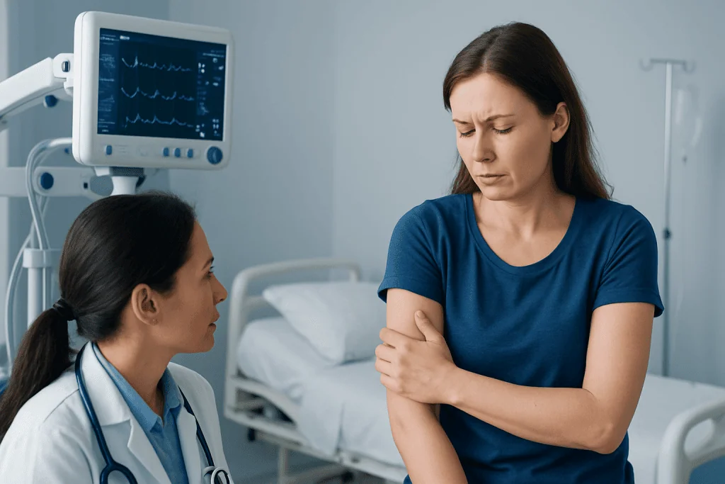 Patient with sore arm consulting doctor in hospital room.