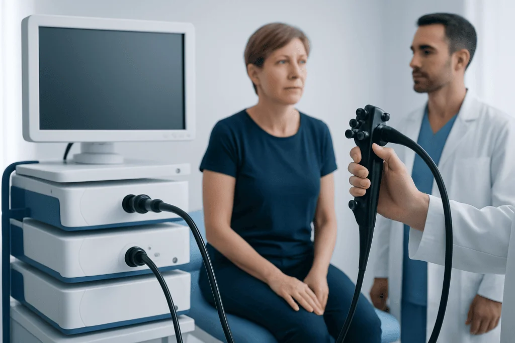 Doctor performing anoscopy on a patient in a medical clinic.