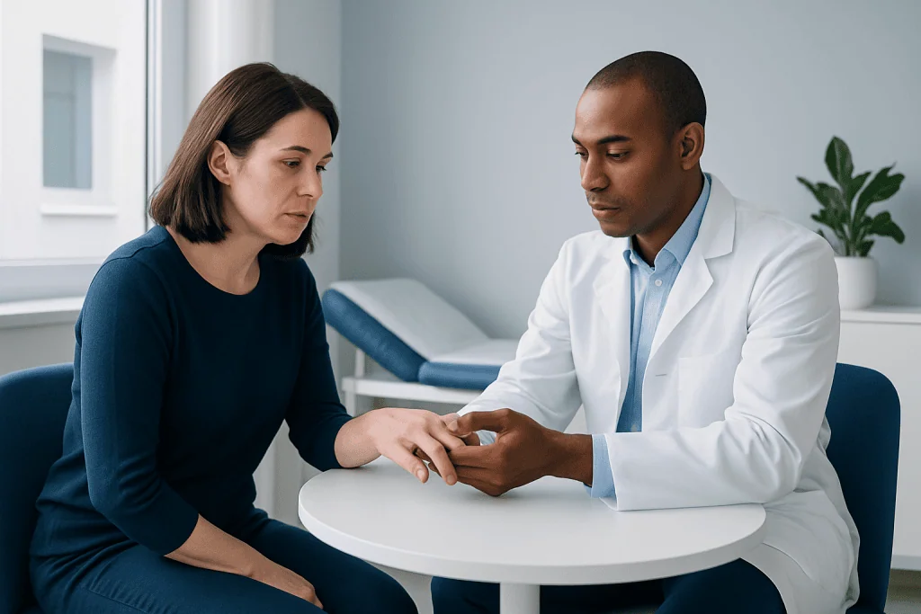 Doctor examining patient's finger in a consultation room.