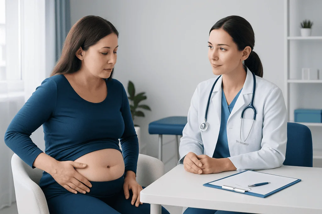 Pregnant woman consulting with a doctor in a medical office.