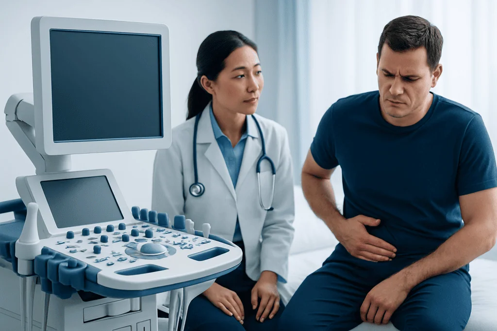 Doctor consulting with patient about abdominal pain in clinic setting.