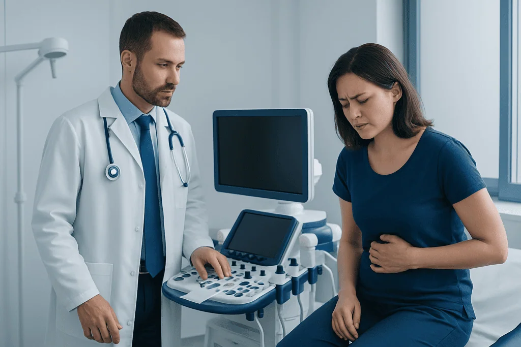 Doctor examining a woman with stomach pain in a hospital room.